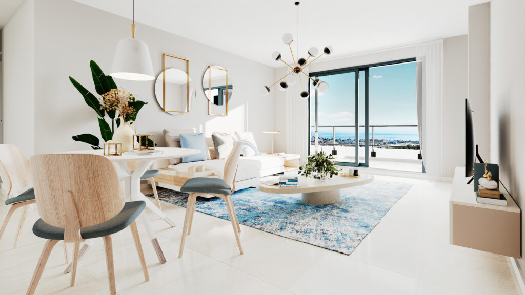 Aby Middle – Estepona - bright open-plan living and dining area with sea views from the balcony