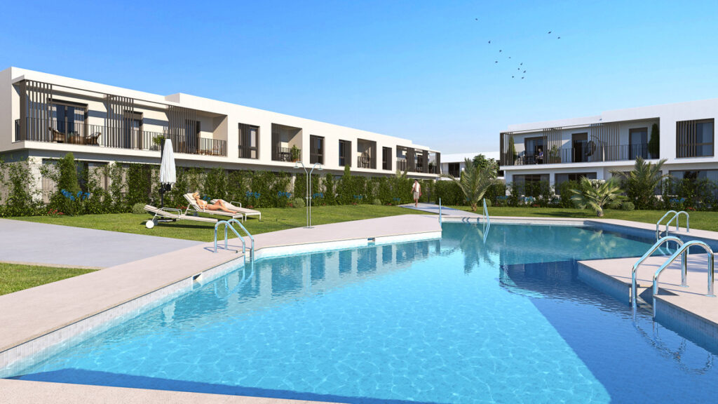 Adel San Roque – San Roque - outdoor swimming pool and communal garden of modern new-build townhouses in San Roque, Cádiz