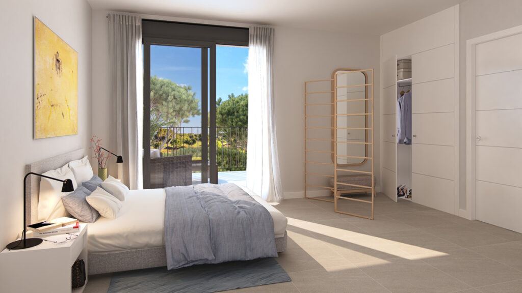 Adel San Roque – San Roque - bright master bedroom with balcony access, open wardrobe and garden views