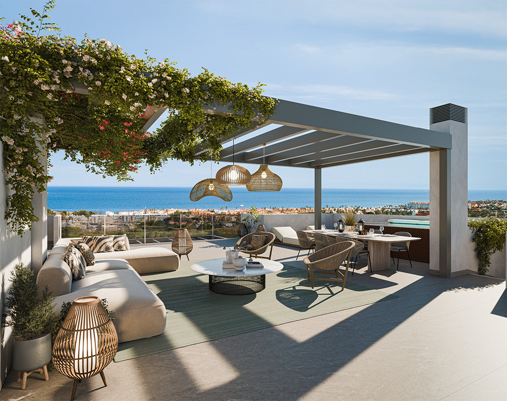 Alura Living FASE I - Casares - luxury rooftop terrace with pergola, outdoor lounge, dining area and panoramic sea views