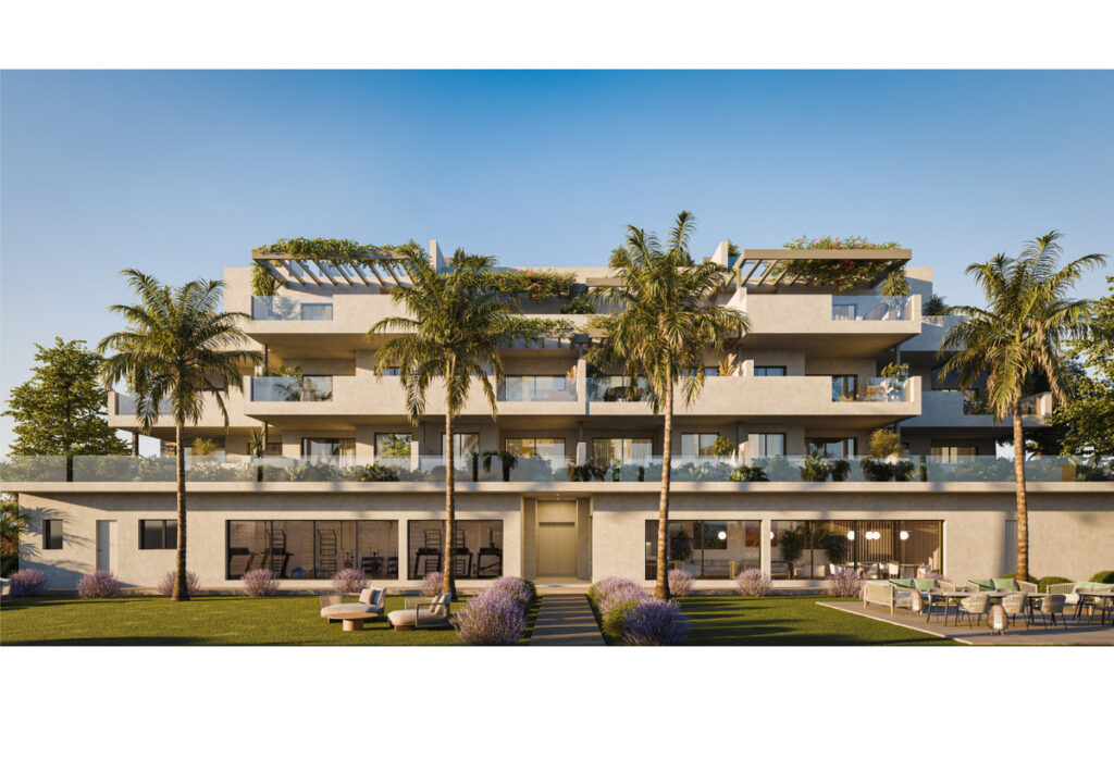 Alura Living FASE II – Casares - exterior facade with palm trees, landscaped gardens, and rooftop terraces