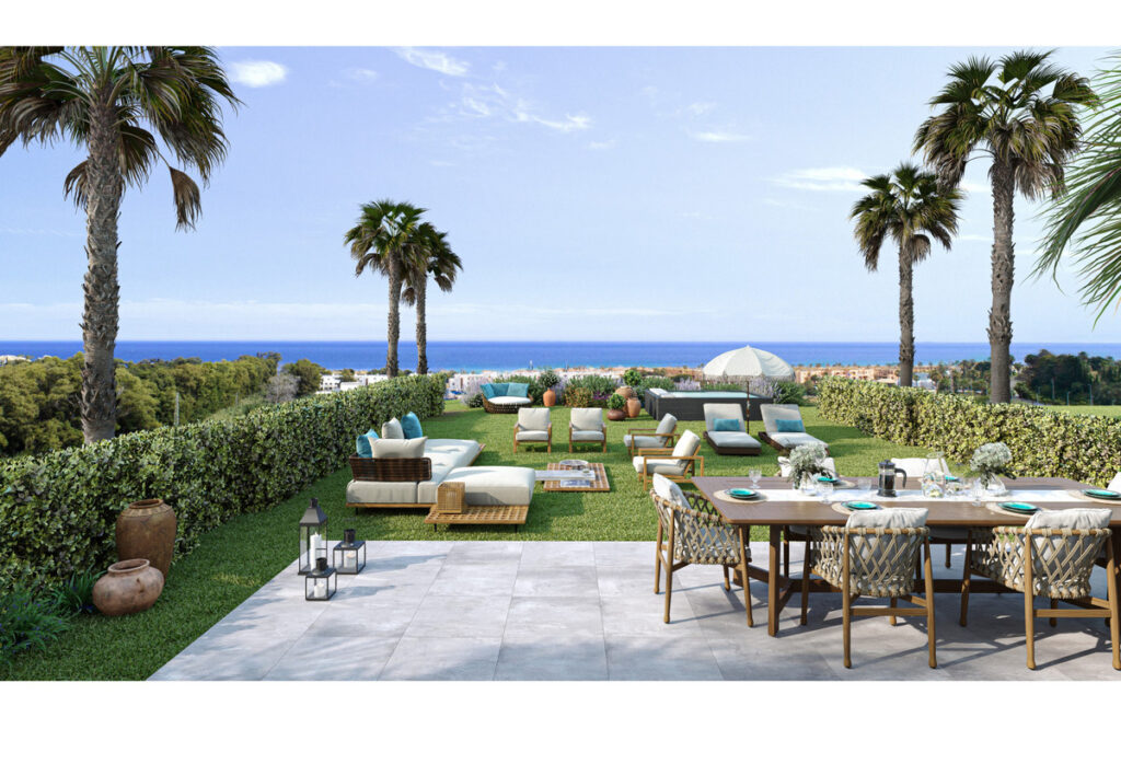 Alura Living FASE II – Casares - luxury terrace with outdoor dining, lounge area, manicured garden and panoramic sea views