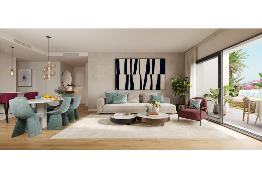 Alura Living FASE II – Casares - bright open-plan living and dining room with teal chairs, cream sofa, abstract wall art and terrace access