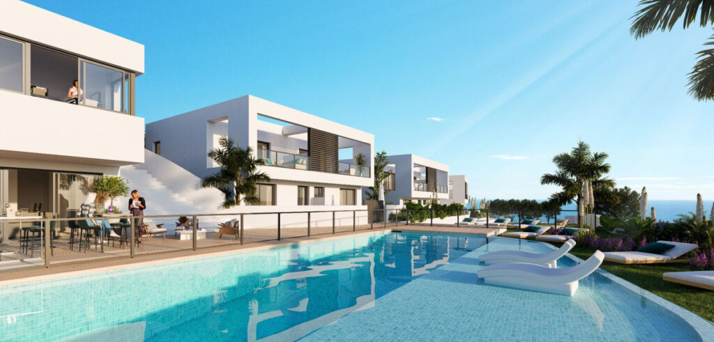 Alya Mijas FASE I, II – Mijas - luxury outdoor pool with white modern villas, sun loungers, palm trees and sea views
