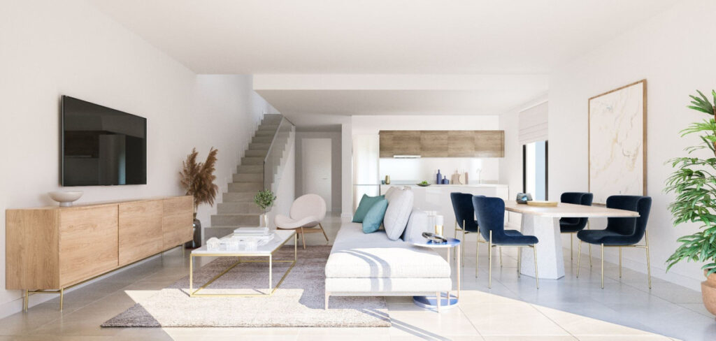 Alya Mijas FASE I, II – Mijas - open-plan living, dining and kitchen area with white sofa, navy chairs and staircase