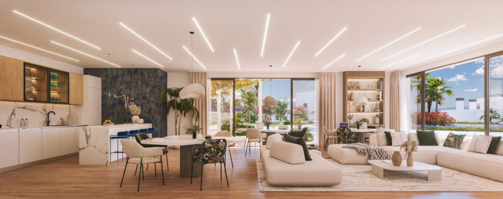 Amaranta Living – Casares - open-plan living and dining area with marble kitchen island, linear ceiling lights and floor-to-ceiling windows