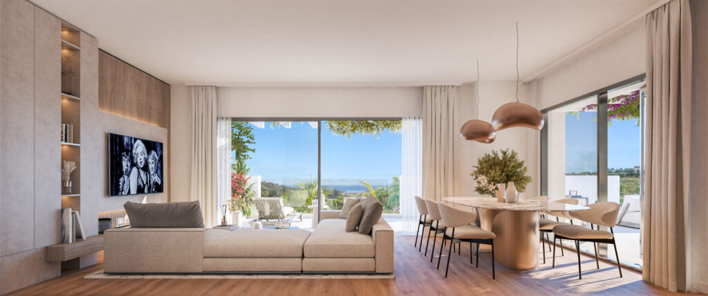 Amaranta Living – Casares - open-plan living and dining room with floor-to-ceiling glass doors and sea views