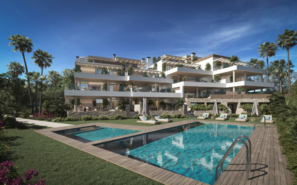Aruna – Marbella - luxury residential exterior with communal pool, sun terraces, and lush tropical gardens