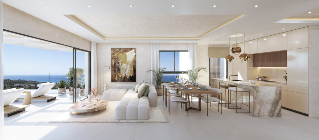 Aruna – Marbella – open-plan living, dining and kitchen with marble island and panoramic sea views