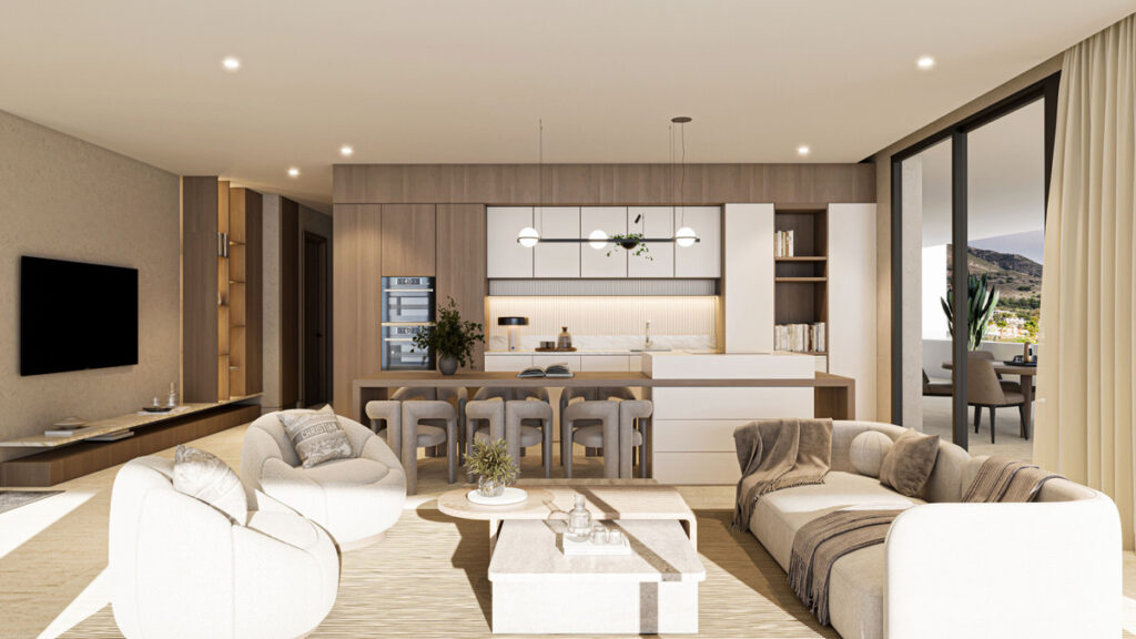 Carat Fase II – Fuengirola - open-plan living, dining and kitchen area with neutral tones and terrace access