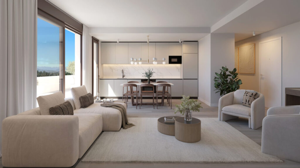Greenity – Mijas - bright open-plan living room with kitchen, dining area, and panoramic terrace doors