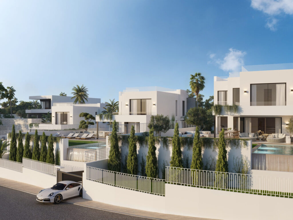 Higueron Hills Collection – Mijas - modern white luxury villas with private pools, cypress trees and a Porsche in the driveway