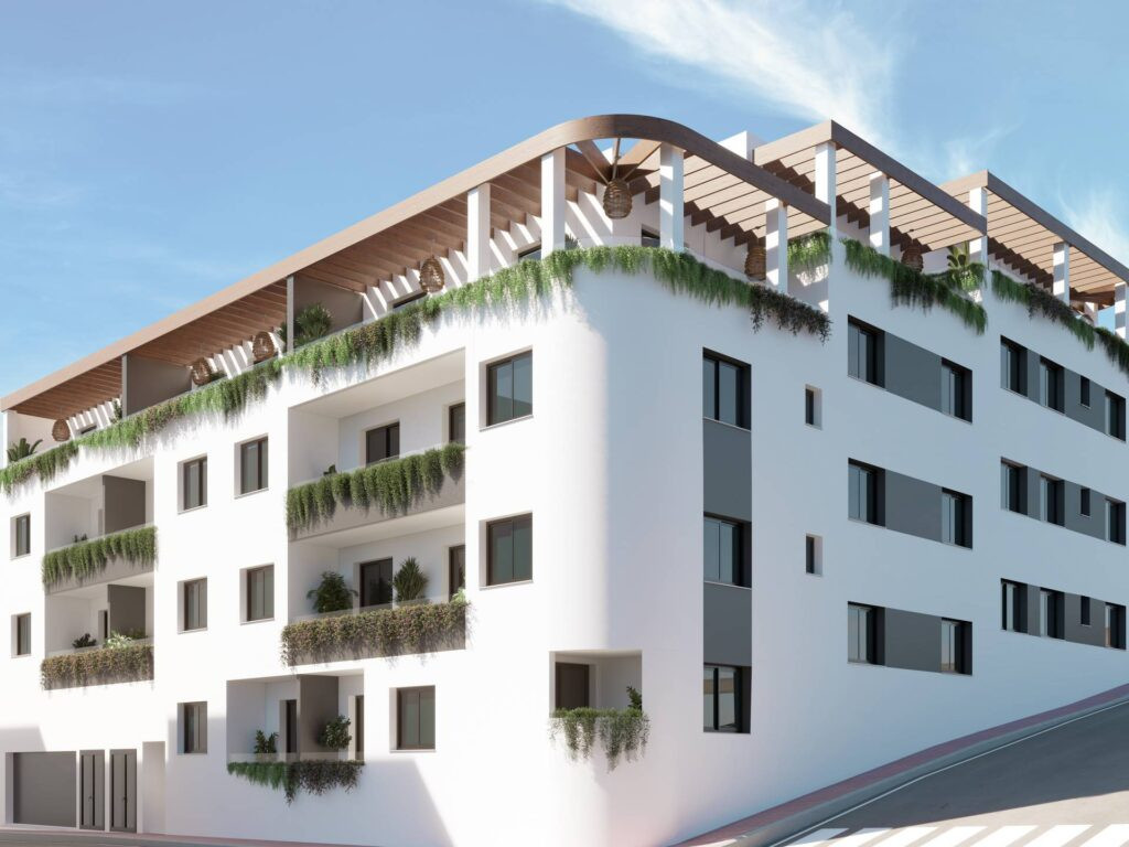 Laguna Nova – Las Lagunas - white exterior facade with lush green balconies and rooftop pergola terrace, Las Lagunas, Málaga