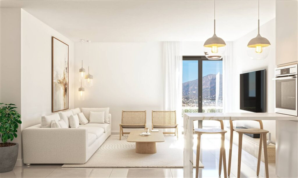 Laguna Nova – Las Lagunas - bright open-plan living and dining area with mountain views and pendant lighting