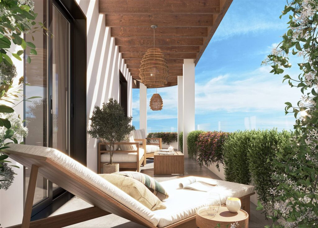 Laguna Nova – Las Lagunas - sun-drenched terrace with lounger, pendant light, and garden views