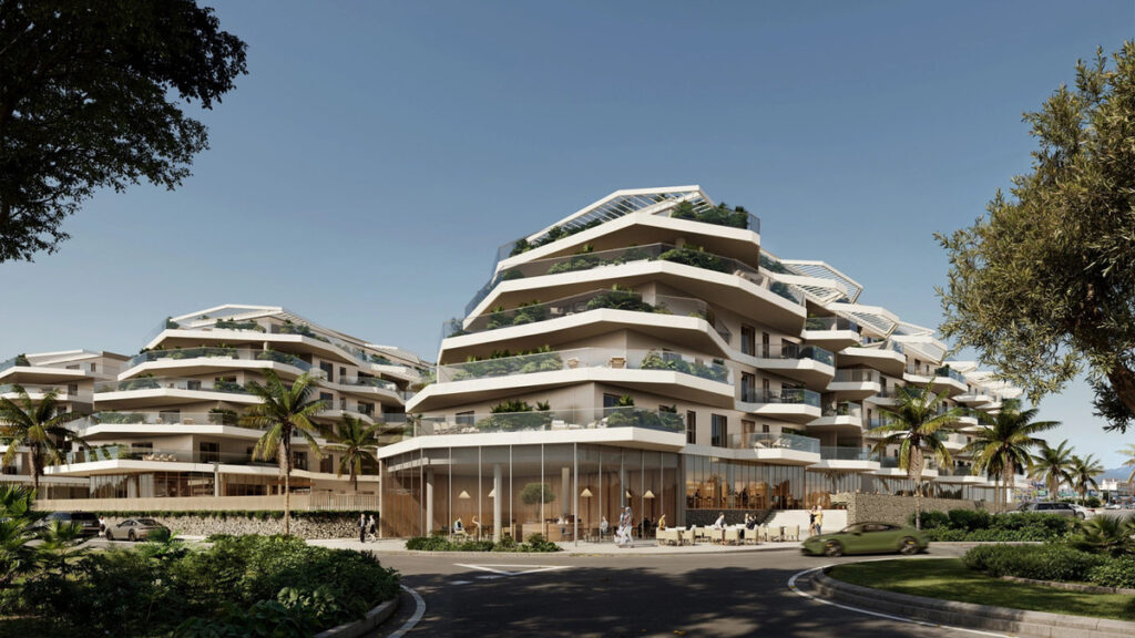 Lakün FASE II – Las Lagunas - terraced luxury residential complex with lush greenery and glazed ground-floor amenity space, Málaga