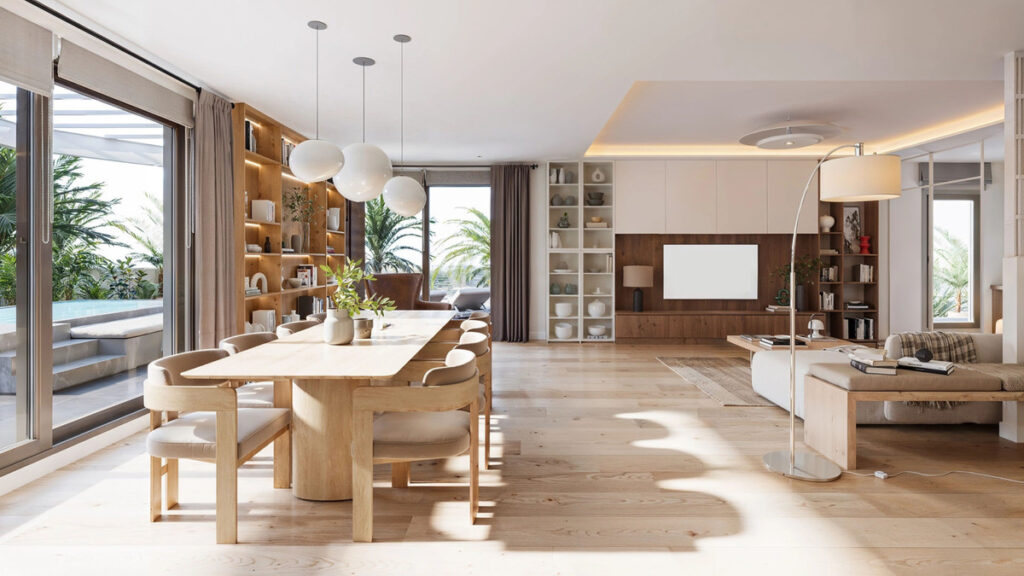 Lakün FASE II – Las Lagunas - open-plan dining and living area with light wood flooring and large glazed doors