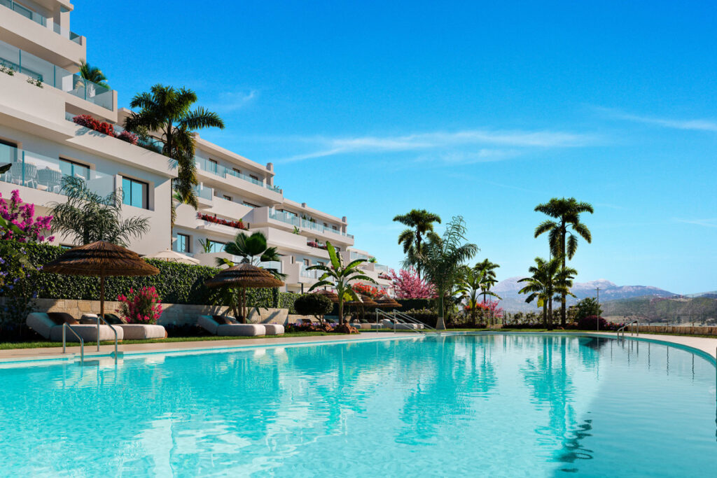 Las Terrazas de Cortesin Bon Air – Casares - luxury outdoor swimming pool with palm trees and white residential terraces