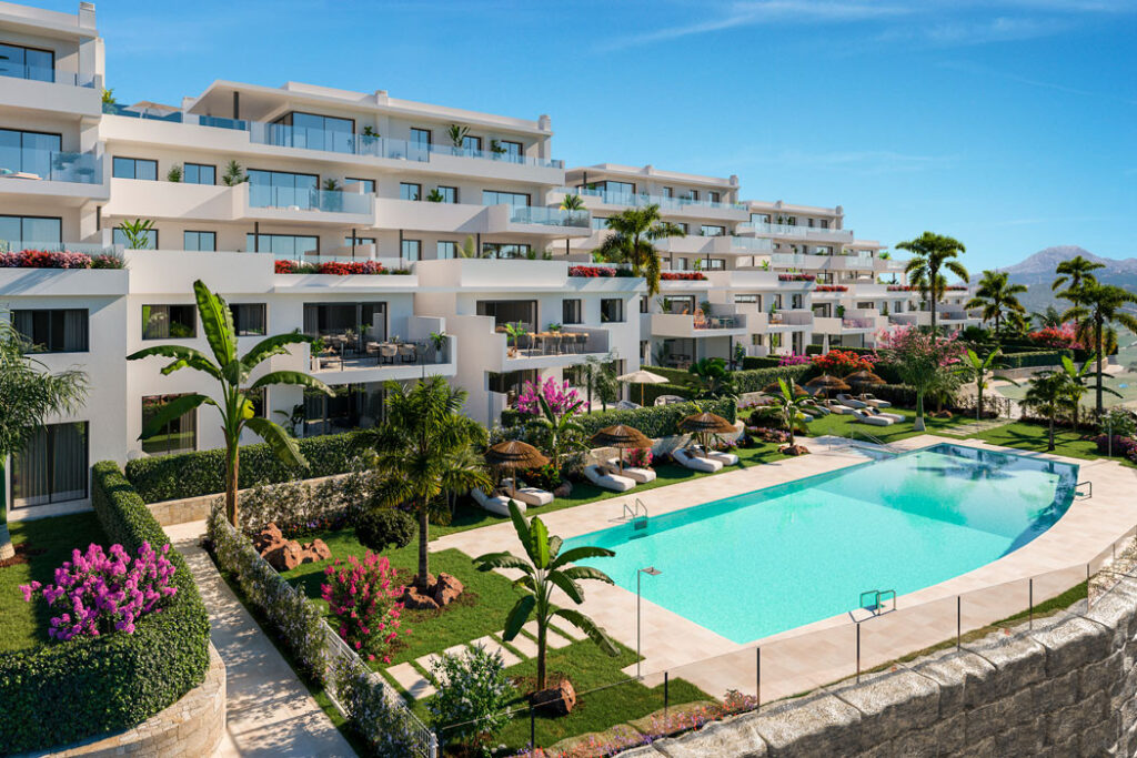 Las Terrazas de Cortesin Bon Air – Casares - luxury white apartment complex with communal pool, tropical gardens and mountain views