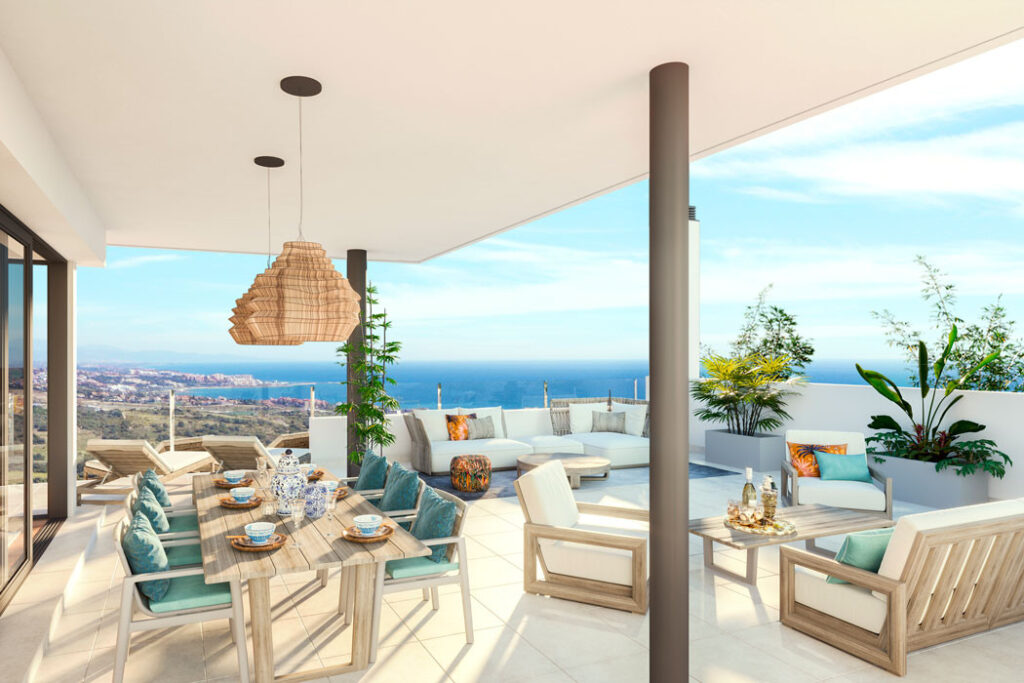 Las Terrazas de Cortesin Bon Air – Casares - luxury terrace with dining area, lounge seating and panoramic sea views