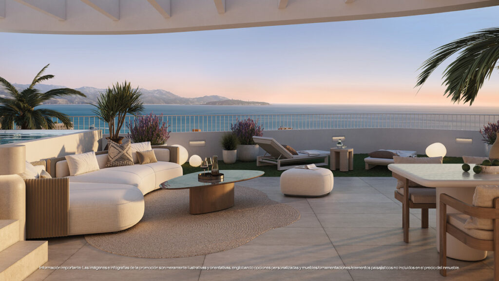 Magna Torremolinos Fase I – Torremolinos - luxury terrace with curved sofa, outdoor dining, sun loungers, and panoramic Mediterranean sea views at sunset