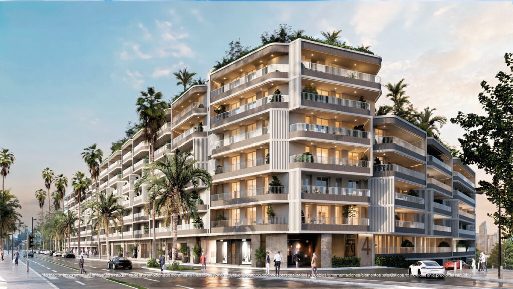 Magna Torremolinos Fase II – Torremolinos - luxury residential facade with wide balconies, palm-lined boulevard, and rooftop greenery