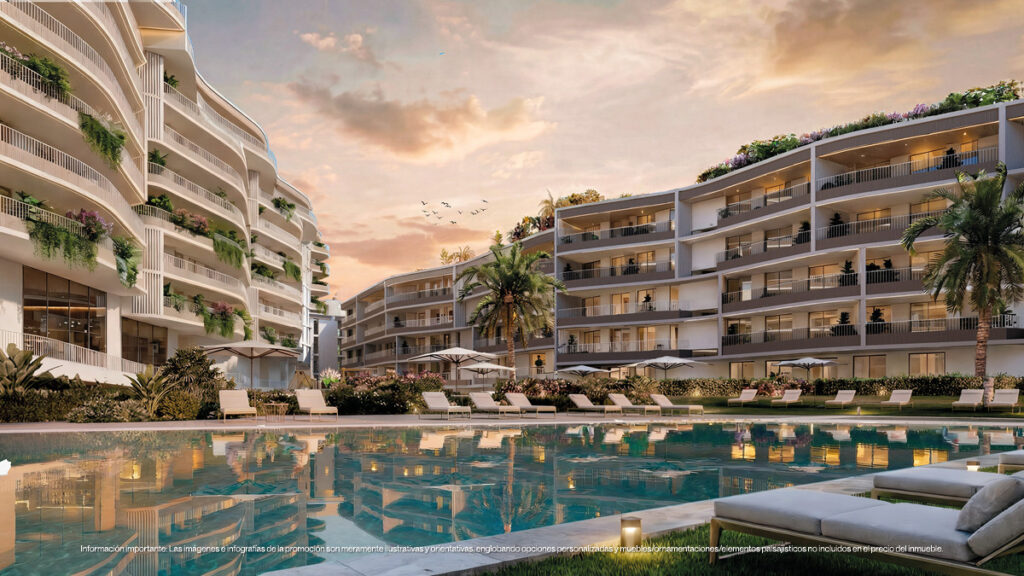 Magna Torremolinos Fase II – Torremolinos - luxury residential complex with outdoor pool, sun loungers, palm trees and balconied apartments at sunset