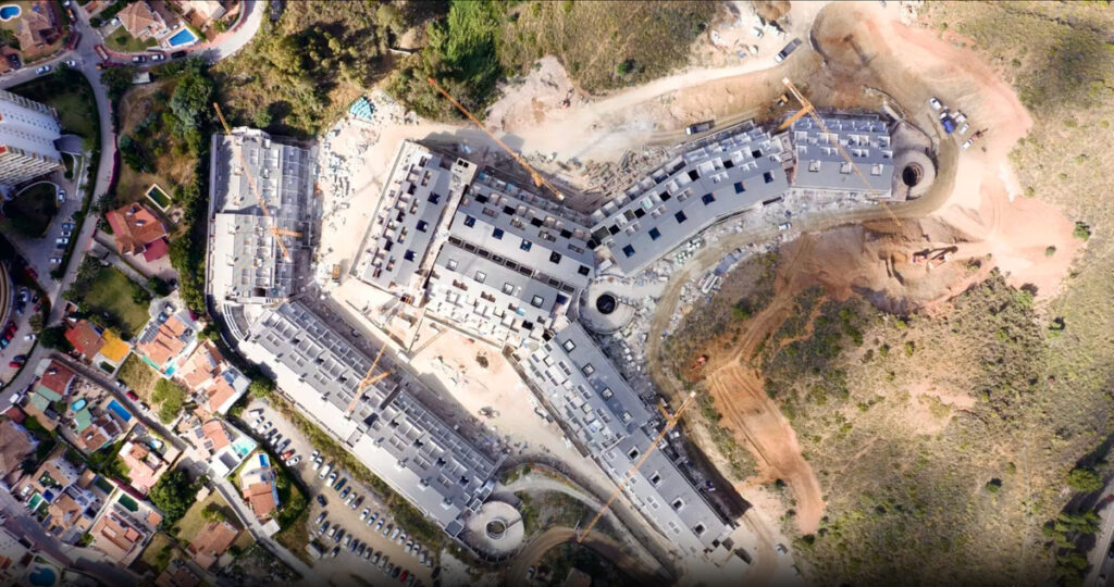 Medhills Fuengirola – Fuengirola - aerial drone view of luxury new-build residential development under construction on hillside