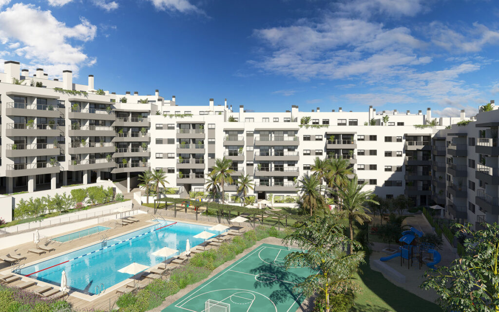 Suite Mijas III – Mijas - exterior aerial view of white apartment complex with communal pool, basketball court and children's playground surrounded by palm trees