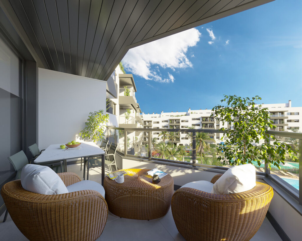 Suite Mijas III - Mijas - sunny terrace with wicker lounge chairs, dining table, potted plants, and pool views