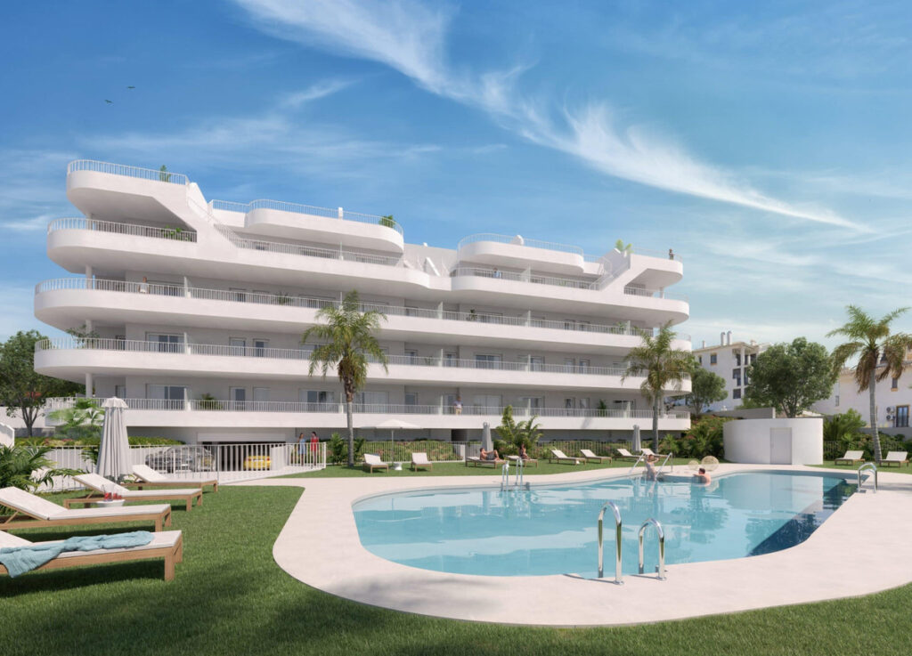 Sunset Views FASE II – Fuengirola - white modern apartment complex with outdoor pool, sun loungers and palm-lined garden