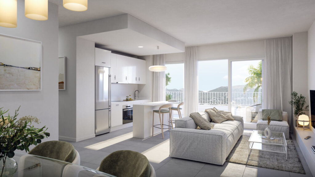 Sunset Views FASE II – Fuengirola - bright open-plan living room and kitchen with panoramic mountain and sea views