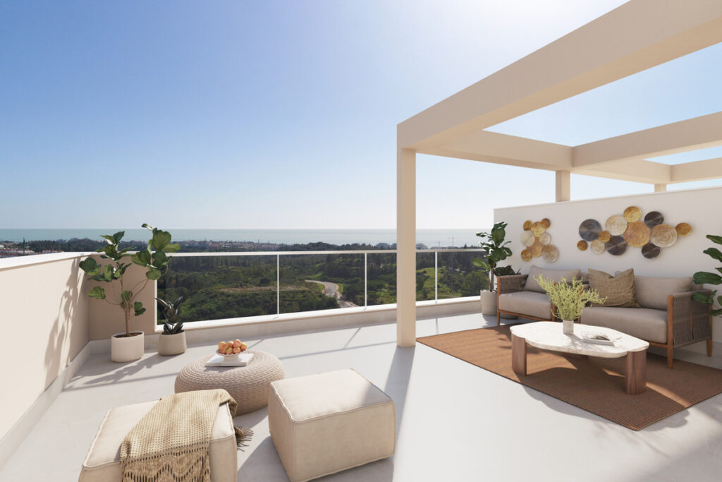 Valley Views – FASE 1 – Mijas - luxury rooftop terrace with panoramic sea and greenery views, pergola and outdoor seating area