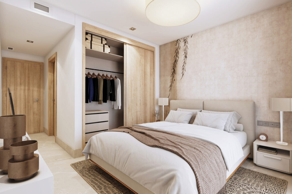 Valley Views – FASE 1 – Mijas - bright master bedroom with built-in wardrobe, upholstered headboard and neutral décor
