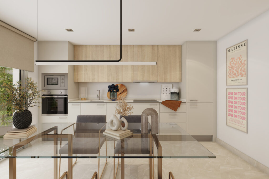 Valley Views – FASE 1 – Mijas - modern open-plan kitchen and dining area with wood cabinetry and glass table