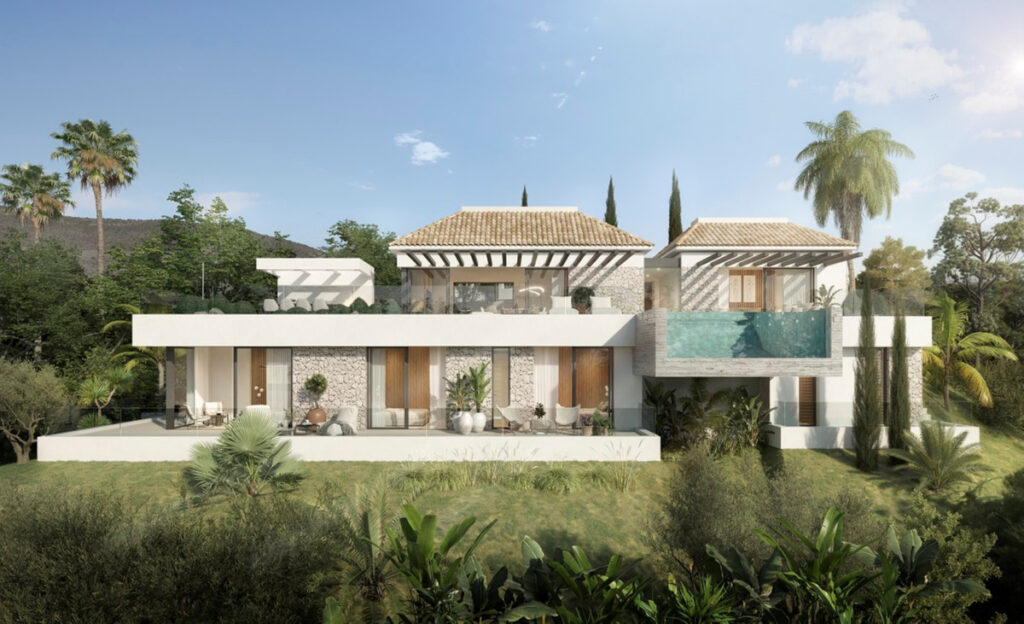 Villa ALHAMA de La Reserva – San Roque - luxury exterior facade with infinity pool, terrace, and lush tropical gardens in San Roque