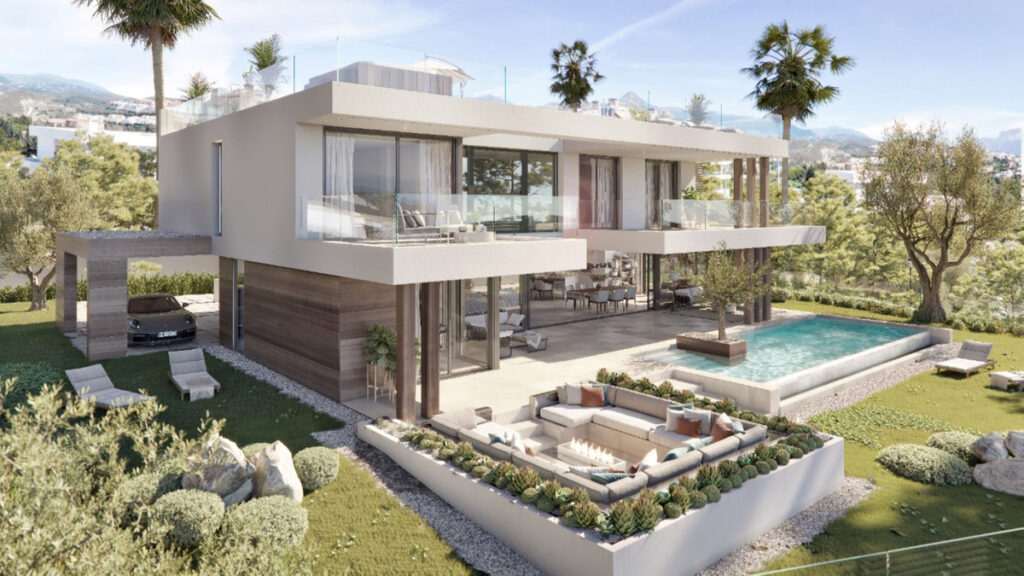 VILLA AZAHAR Reserva Golf – La Cala de Mijas - modern luxury villa exterior with infinity pool, sunken lounge terrace and landscaped garden