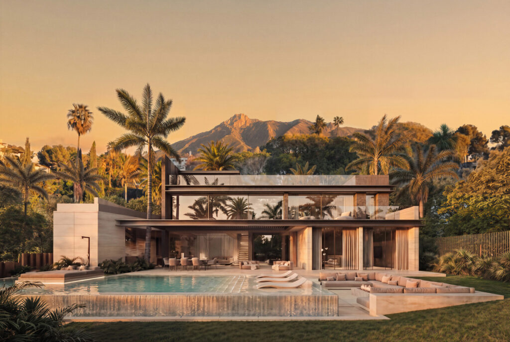 Villa Capricho – Marbella - luxury exterior with infinity pool, sunken lounge and mountain backdrop at golden hour