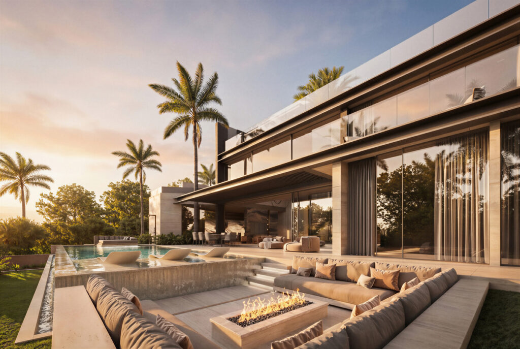 Villa Capricho – Marbella - sunken outdoor lounge with fire pit, infinity pool and palm trees at sunset