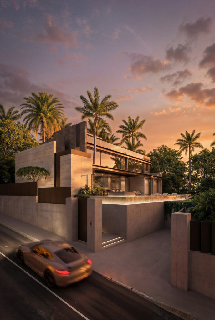 Villa Capricho – Marbella - luxury modern exterior facade at sunset with concrete architecture and palm trees