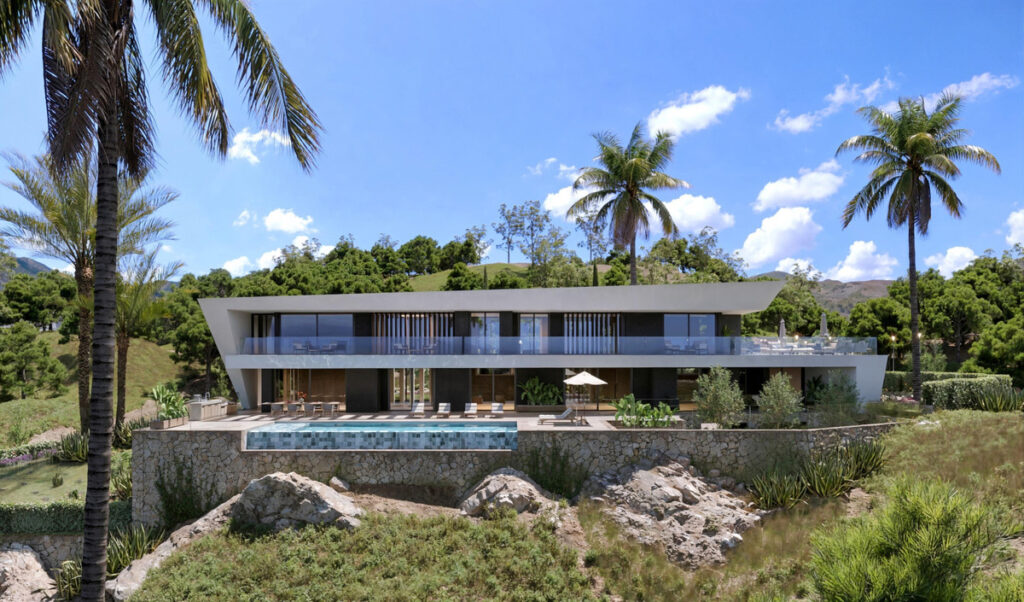 VILLA HORIZON Cortesín – Casares - modern luxury villa exterior with infinity pool, terraces and palm trees against hillside backdrop