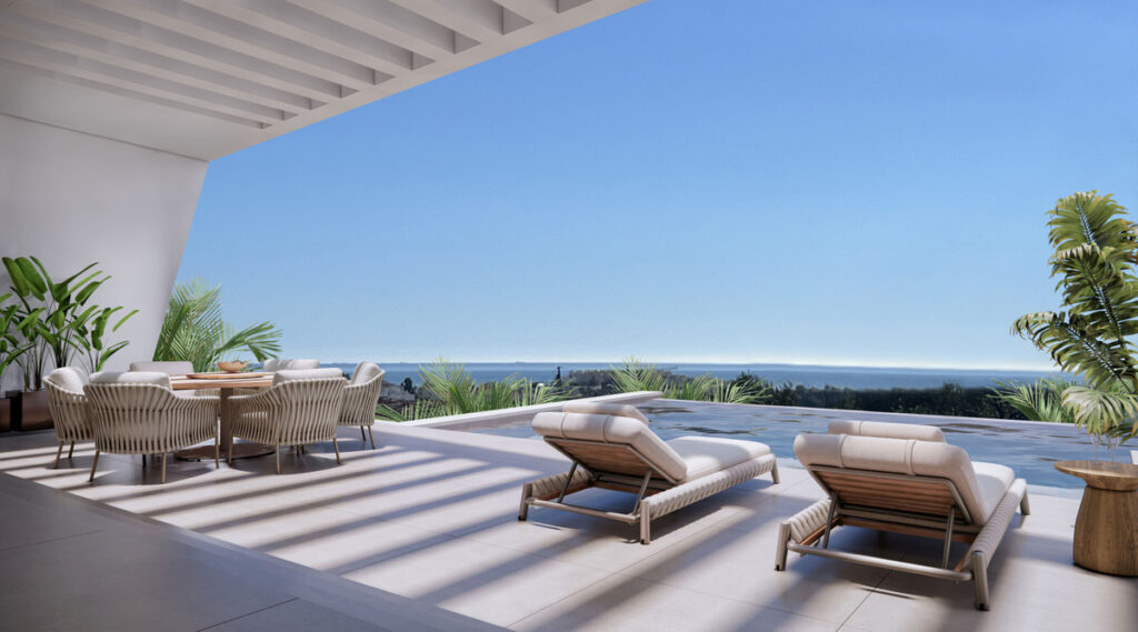 VILLA HORIZON Cortesín – Casares - luxury terrace with sun loungers, infinity pool edge and panoramic sea views
