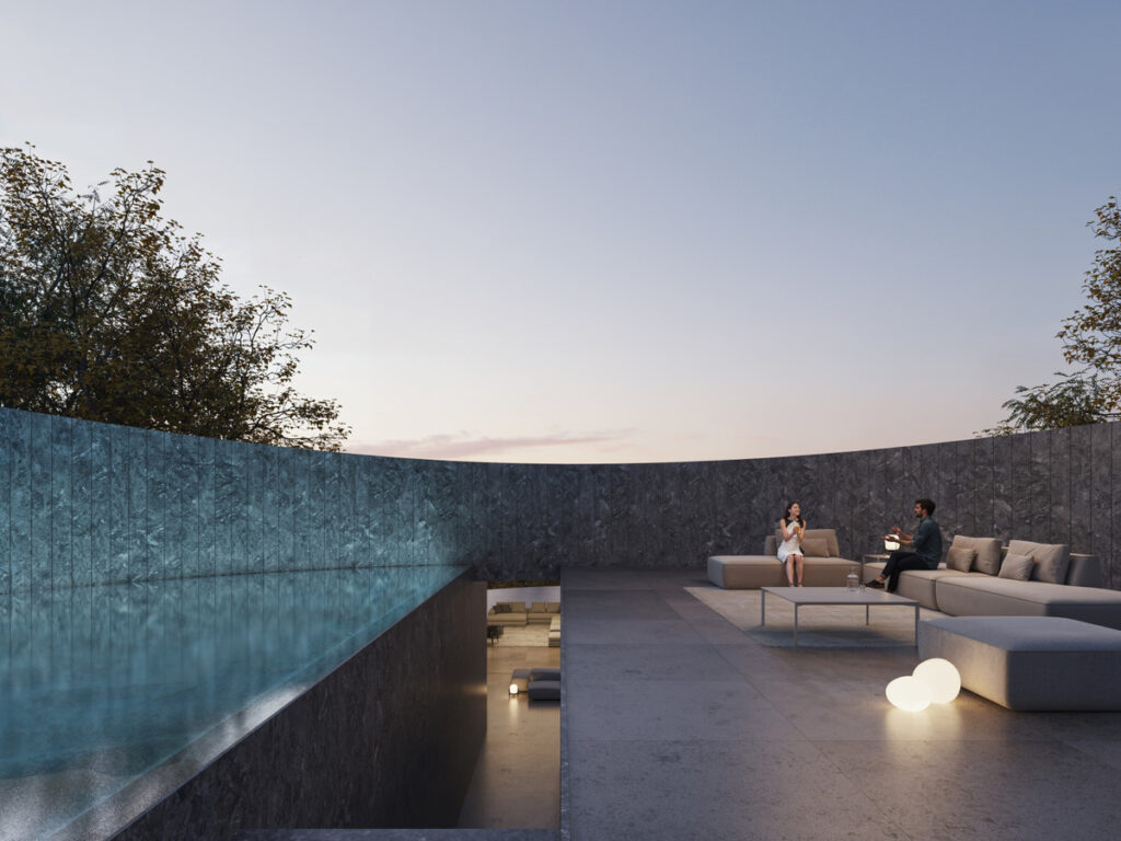 Villa NOON – San Roque - rooftop terrace with pool, lounge seating and glowing orb lights at dusk