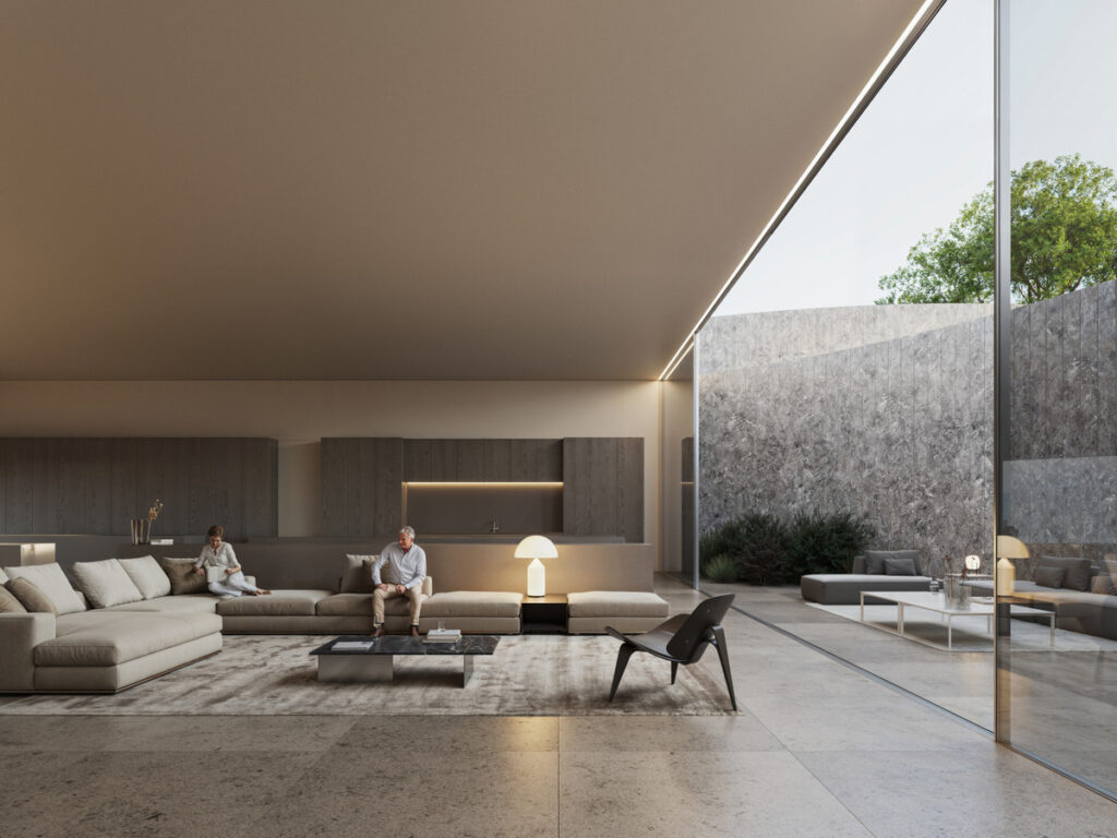 Villa NOON – San Roque - minimalist open-plan living room with floor-to-ceiling glazing and courtyard views