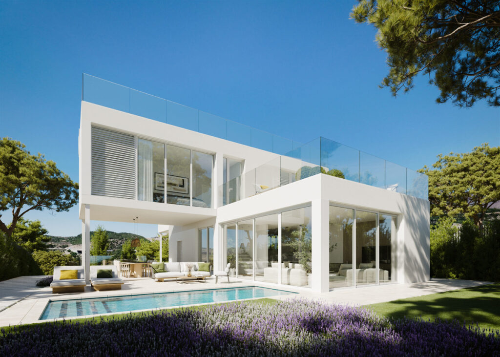 Villas Monte Palatino – Valle Romano - modern white villa exterior with pool, lavender garden and glass balustrades in Málaga