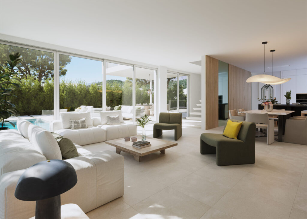 Villas Monte Palatino – Valle Romano - bright open-plan living and dining area with pool views and floor-to-ceiling glazing