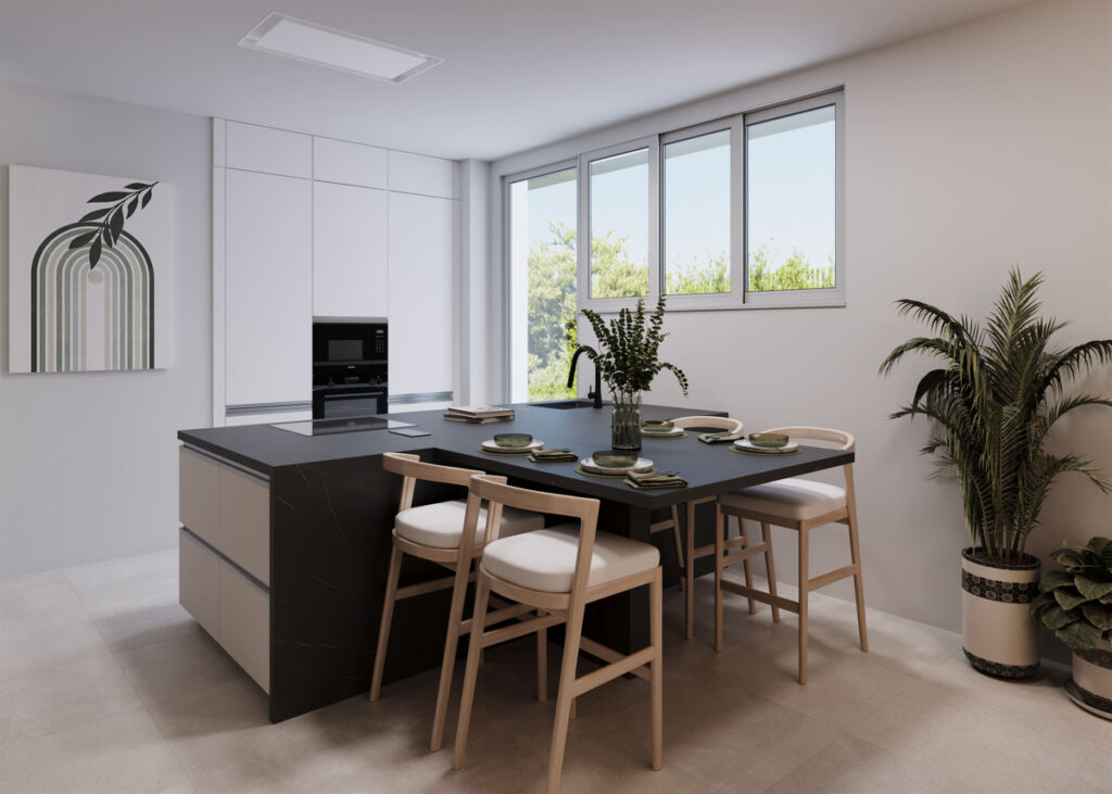 Villas Monte Palatino – Valle Romano - modern open-plan kitchen and dining area with black island and light wood bar stools