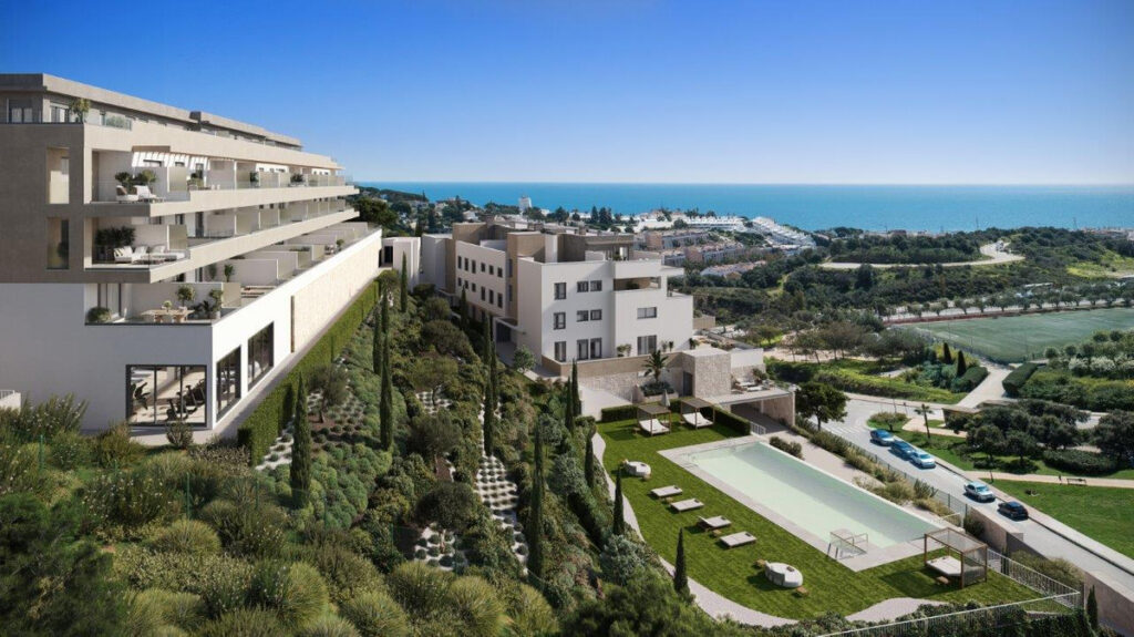 Almare – Mijas - luxe wooncomplex op een heuvel met overloopzwembad, aangelegde tuinen en panoramisch zeezicht aan de Costa del Sol