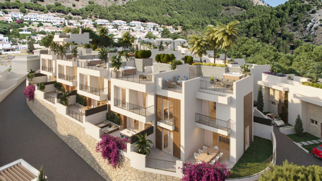 BUENAVISTA VIEWS – Mijas - luftfoto af terrasserede hvide luksuslejligheder med tagterrasser, palmer og bougainvillea i en skråning