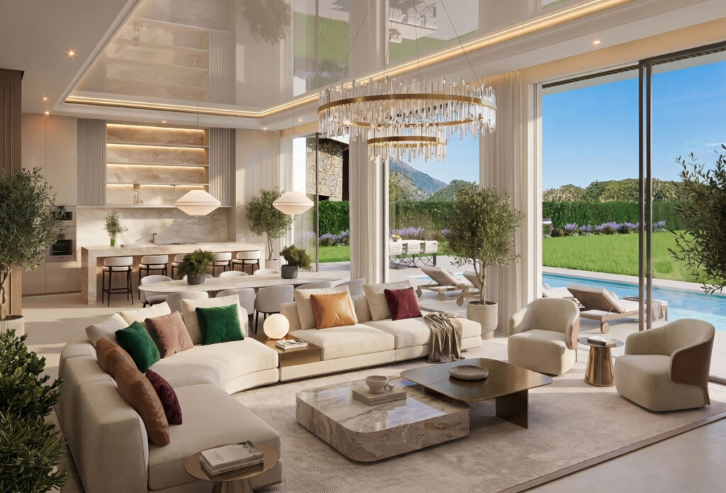 Le Monte – Benahavís - åbent stueplan med cremefarvede sofaer, lysekrone og udsigt til pool